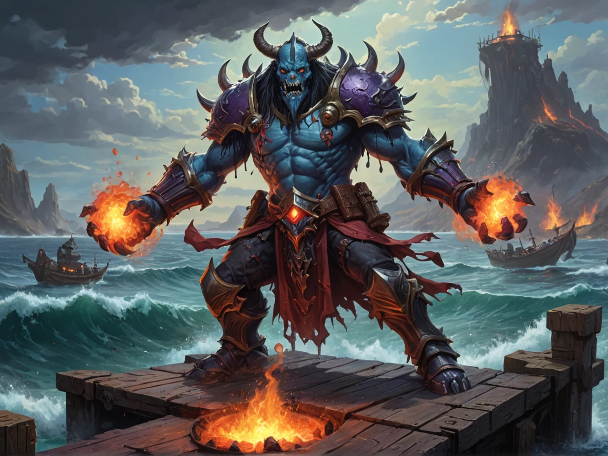 Shadowbound (Undead:1.1), Blood Mage, On a dock, tossing a bottle into the sea, full-body shot, volcanic crater, very powerful