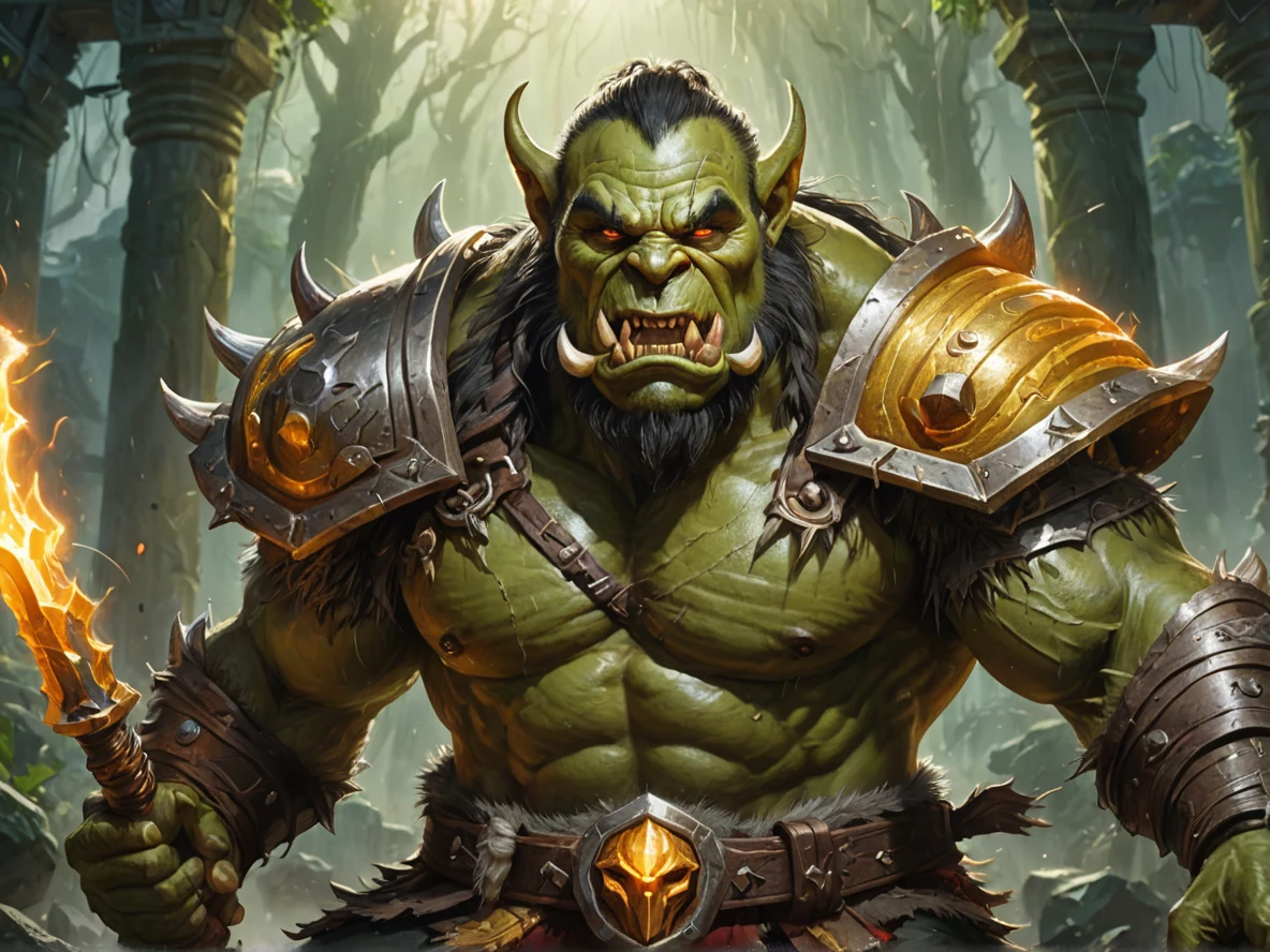 Fearsome (Orc:1.1), Berserker, Conducting storm ritual mid-tempest, close-up portrait, jungle temple, very powerful